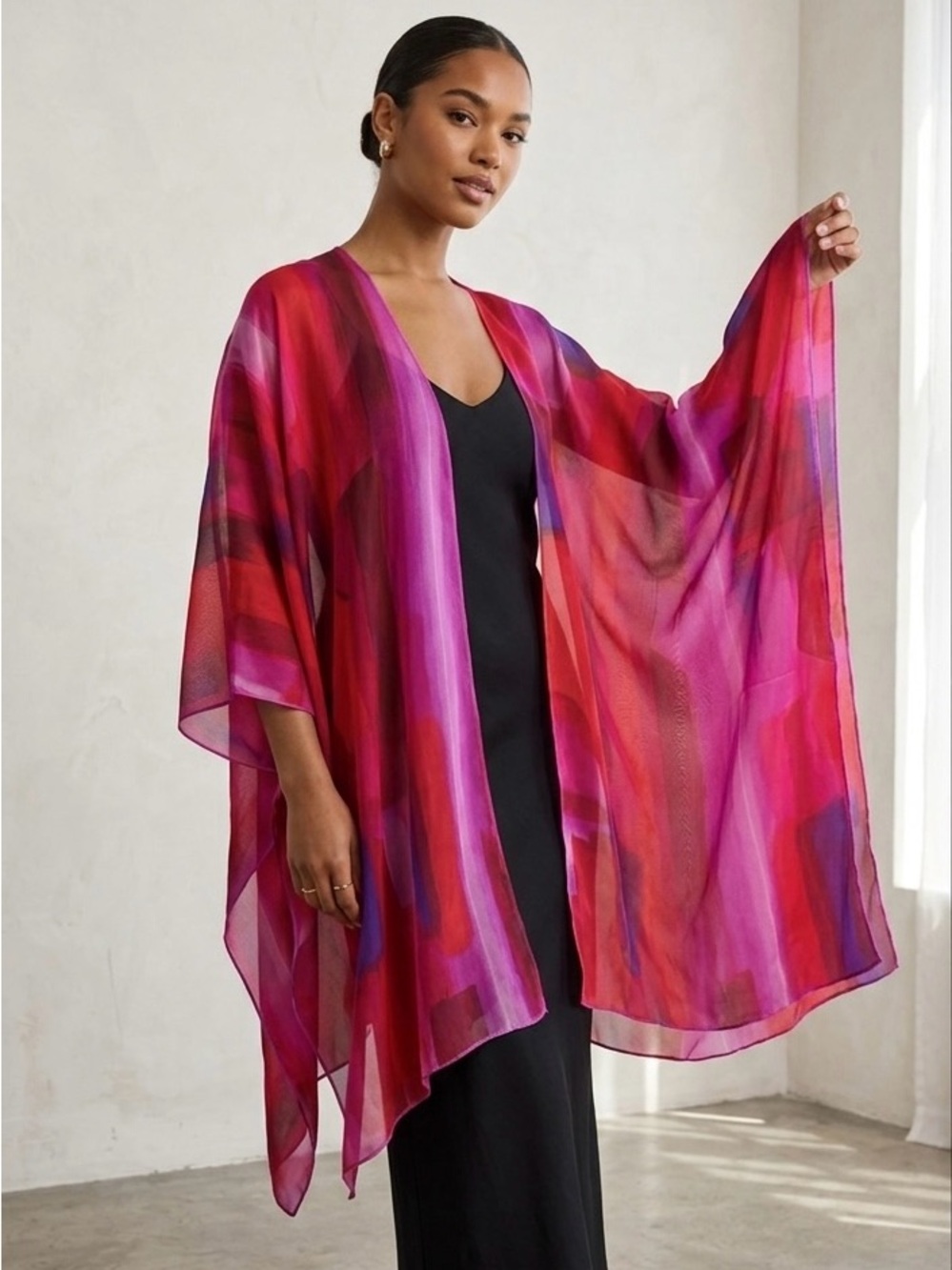 Vibrant Pink & Red Sheer Kimono Cover-Up Peter Nygard